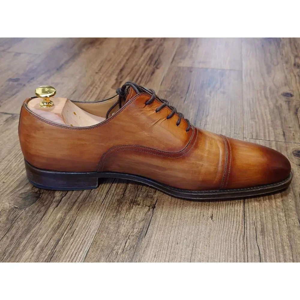Magnanni Men’s Cap Toe 12M Tan Brown Burnished Leather Dress Shoes